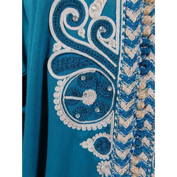 Moroccan Djellaba Robe Womens One Size Teal Hooded Embroidered Beaded Kaftan - Picture 4 of 12